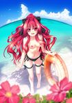  beach bikini breasts corticarte_apa_lagranges day duplicate highres long_hair medium_breasts nipples nude nude_filter ocean outdoors red_eyes red_hair ribbon shinkyoku_soukai_polyphonica side-tie_bikini sky solo swimsuit third-party_edit topless water 