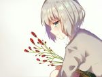 1girl aoba_moka bang_dream! bangs crying crying_with_eyes_open eyebrows_visible_through_hair flower flower_request from_side green_eyes green_skirt grey_hair nyacha_(tya_n_ya) profile shirt short_hair simple_background skirt solo tears white_background white_shirt 