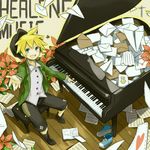  blonde_hair blue_eyes from_above hat instrument kadokoa kagamine_len letter love_letter male_focus paper_airplane piano shorts sitting smile solo vocaloid 