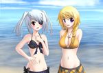  bikini blonde_hair braid charlotte_dunois eyepatch gaine_(artist) infinite_stratos laura_bodewig long_hair multiple_girls purple_eyes red_eyes silver_hair single_braid swimsuit twintails 