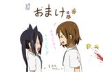  &gt;_&lt; animal_ears black_hair blood brown_hair bunny cat_ears closed_eyes eyebrows flower food hirasawa_yui k-on! long_hair multiple_girls nakano_azusa nichijou official_style parody school_uniform short_hair suan_ringo takuan translated twintails |_| 