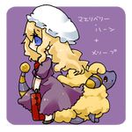  bad_id bad_pixiv_id blonde_hair blue_eyes gen_2_pokemon hat long_hair lowres mareep maribel_hearn pokemon pokemon_(creature) purple sheep simple_background suitcase takamura touhou translated 