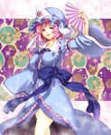  arm_up blue_dress breasts cherry_blossoms dress fan folding_fan frills highres large_breasts long_sleeves open_mouth pink_eyes pink_hair ribbon saigyouji_yuyuko short_hair smile solo tachibana_chata touhou twig 