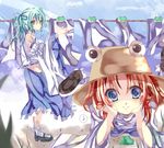  alternate_hairstyle bad_id bad_pixiv_id blonde_hair blue_eyes eyes frog green_hair hat heath41 kochiya_sanae midriff moriya_suwako multiple_girls musical_note navel ponytail touhou 