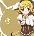  beckoning beret blonde_hair breasts detached_sleeves drill_hair fingerless_gloves foreshortening gloves hair_ornament hat highres kyubey magical_girl mahou_shoujo_madoka_magica medium_breasts negetsu outstretched_arm smile tomoe_mami twin_drills twintails yellow_eyes 