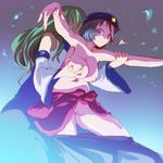  armpits bad_id bad_pixiv_id breast_grab breasts clothes_around_waist deep_skin detached_sleeves grabbing green_hair hands hat hug hug_from_behind jiangshi kochiya_sanae large_breasts long_hair miyako_yoshika multiple_girls nichimatsu_seri nipples nude ofuda outstretched_arms shirt_around_waist star touhou yuri zombie_pose 