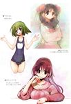  3girls black_eyes black_hair blue_eyes bow braid breasts brown_eyes dress flower green_hair hair_bow hair_flower hair_ribbon hoodie jacket large_breasts long_hair mizugi momiji_mao one-piece_swimsuit open_mouth purple_hair ribbon short_hair smile sukumizu twin_braids watercolor_(medium) 