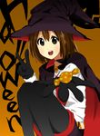  adorable brown_eyes brown_hair candy cape gloves halloween hat hirasawa_yui k-on! necktie open_mouth shirt skirt teeth tights tongue v witch_hat 