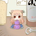  alcohol animal_ears blush bottle bottle_opener cat_ears chibi dekasudachin drinking fang horn_ribbon horns ibuki_suika kemonomimi_mode minigirl ofuda orange_hair red_eyes ribbon sake shirt sitting skirt sleeveless sleeveless_shirt solo touhou 