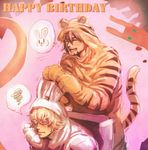  ^_^ animal_costume animal_print barnaby_brooks_jr birthday blonde_hair blush bow_(bhp) brown_hair bunny_costume closed_eyes facial_hair glasses kaburagi_t_kotetsu male_focus multiple_boys smile stubble tiger_&amp;_bunny tiger_costume tiger_print 