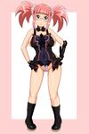  apron areola areola_slip areolae blush breasts cameltoe cattleya_(cosplay) climax_entertainment dinosaur_king female full_body gauntlets glasses hands_on_hips kuin large_breasts nipples panties pink_hair purple_eyes queen's_blade quinst sega solo standing tatsuno_malm twintails underwear 