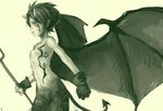  a-ka bat_wings demon_tail flat_chest gloves horns monochrome original pointy_ears short_hair simple_background solo tail tattoo wings 