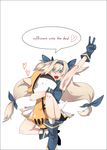  alternate_color armpits blazblue blonde_hair character_doll green_eyes jubei_(blazblue) long_hair low-tied_long_hair mameshibasuke platinum_the_trinity quad_tails stuffed_toy symbol-shaped_pupils two_side_up v very_long_hair 