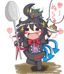  &gt;_&lt; :d ahoge asymmetrical_wings bird black_hair black_legwear blue_wings blush bow cape cherry chibi closed_eyes dress fang food fruit heart holding holding_spoon houjuu_nue open_mouth plate pudding red_wings reiuji_utsuho reiuji_utsuho_(bird) rindou_(p41neko) short_hair smile solo sparkle spoon thighhighs touhou wings wristband zettai_ryouiki 