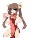  bad_id bad_pixiv_id blush brown_hair china_dress chinese_clothes dress fan fang folding_fan green_eyes hair_ribbon huang_lingyin infinite_stratos long_hair open_mouth panties ribbon side-tie_panties solo twintails underwear yuki_shin 