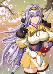  cherry_blossoms corset cup fingerless_gloves gloves hair_ornament highres japanese_clothes md5_mismatch mucoro pauldrons polearm purple_eyes purple_hair rance_(series) sakazuki sengoku_rance senhime smile solo spear thighhighs tree weapon zettai_ryouiki 