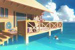  bad_id bad_pixiv_id ball black_hair brown_hair cloud day dog hana_bell_forest house innertube male_focus multiple_boys ocean original plant potted_plant sitting sky smile stilt_house swimming water 