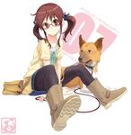  aoi_sora_(pairan) bad_id bad_pixiv_id bag boots brown_eyes brown_hair denim denim_skirt dog face glasses hair_ornament hairclip original pairan pantyhose sitting skirt smile solo twintails 