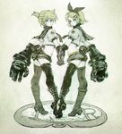  1girl bad_id bad_pixiv_id black_legwear blonde_hair blue_eyes brother_and_sister capelet gloves hair_ornament hair_ribbon hairclip high_heels holding_hands kagamine_len kagamine_rin looking_back midriff navel niji otoko_no_ko oversized_forearms oversized_limbs power_fist ribbon shoes short_hair short_shorts short_sleeves shorts siblings sketch thighhighs twins vocaloid 