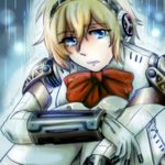  aegis_(persona) android blonde_hair blue_eyes bow lowres persona persona_3 rain ribbon shsh8860 solo tears wet 