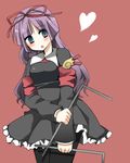  bad_id bad_pixiv_id black_legwear blue_eyes blush dowsing_rod dress feli_(puyopuyo) frilled_dress frills hair_ornament hair_ribbon heart hyouka_(rat_hut) long_hair open_mouth pantyhose purple_hair puyopuyo puyopuyo_fever ribbon solo standing tareme 