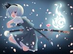  black_hairband blue_eyes flower hairband highres hitodama katana konpaku_youmu konpaku_youmu_(ghost) kurasawa_kyoushou open_mouth petals ready_to_draw sheath sheathed short_hair solo squatting sword touhou wallpaper weapon white_hair 