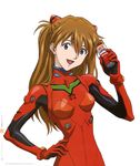  absurdres blue_eyes bodysuit brown_hair can canned_coffee coffee evangelion:_2.0_you_can_(not)_advance hair_ornament hand_on_hip highres holding long_hair looking_at_viewer matsubara_hidenori neon_genesis_evangelion official_art open_mouth page_number pilot_suit plugsuit product_placement rebuild_of_evangelion scan shikinami_asuka_langley simple_background smile solo souryuu_asuka_langley turtleneck two_side_up ucc_coffee upper_body white_background 