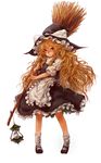  apron blonde_hair broom dress eyebrows frills full_body hat highres kirisame_marisa lamp lantern long_hair looking_at_viewer loose_socks mary_janes messy_hair pigeon-toed sachito shoes simple_background socks solo standing thick_eyebrows touhou very_long_hair white_background witch_hat yellow_eyes 