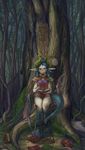  aqua_eyes blue_hair book dragon_girl ear_ring forest gray_skin horns megane oppai pointed_ears ring tail tree wings 