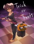  bat_wings black_hair brown_hair claws demon_girl demon_tail demon_wings fur green_eyes hairy halloween heterochromia horns jack-o&#039;-lantern pitchfork pumpkin red_eyes rozen_maiden short_hair smile souseiseki tail trick_or_treat 