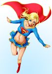  belt blonde_hair blue_eyes boots cape crop_top dc_comics flying ikumo_taisuke long_hair midriff navel skirt skirt_lift solo supergirl wind wind_lift 