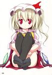  blonde_hair blush crossed_legs doujinshi feet feet_together flandre_scarlet full_body hat highres looking_at_viewer mob_cap oouso ponytail red_eyes ribbon short_hair side_ponytail sitting skirt smile socks solo thighhighs touhou wings 
