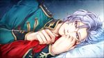  1boy angelo_sauper bed gundam gundam_unicorn lying male male_focus purple_eyes silver_hair solo styx16 uniform 