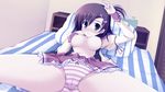  bed breasts brown_hair game_cg hanesaka_chiharu nipples open_shirt panties sakura_no_sora_to_kimi_no_koto seifuku striped_panties tsumiki underwear 