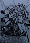  bikini_top black_hair black_rock_shooter black_rock_shooter_(character) boots chain checkered coat faux_traditional_media highres inazumrai long_hair midriff monochrome navel scar shorts solo star twintails very_long_hair weapon zipper 