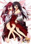  2girls absurdres areola_slip areolae barefoot black_hair blue_eyes breasts cleavage gloves hagiwara_onsen highres japanese_clothes kusakabe_misao_(11eyes) kusakabe_misuzu legs lying medium_breasts miko multiple_girls red_eyes red_hair yuri 