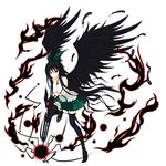  absurdres alternate_weapon arm_cannon black_hair bow breasts cleavage feathers gmot hair_bow highres impossible_clothes impossible_shirt jewelry large_breasts long_hair mismatched_footwear necklace red_eyes reiuji_utsuho shirt skirt solo thighhighs touhou weapon wings 