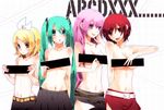  aqua_eyes aqua_hair bust_chart covering covering_breasts hair_ribbon hatsune_miku kagamine_rin long_hair megurine_luka meiko mound_of_venus pink_hair purple_eyes red_eyes red_hair ribbon sakufami short_hair skirt smile topless twin_tails very_long_hair vocaloid yellow_eyes 