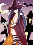  bat blue_hair cape covering covering_breasts covering_crotch covering_pussy crescent_moon green_eyes halloween hat long_hair moon night nude panty_&amp;_stocking_with_garterbelt purple_hair smile stocking_(psg) striped_thighhighs thighhighs witch_hat 