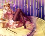  breasts brown_hair crossed_legs dress eating feet food fruit fs-project hair_ribbon highres medium_breasts open_mouth original red_eyes ribbon sitting solo thighhighs 