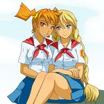  2girls blonde blue_eyes dvach-tan pantsu pioneer plaits red_eyes skirt slavya-chan twin_tails 
