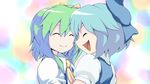  blue_hair cirno closed_eyes daiyousei green_hair hair_ornament kugi_(kugi-xiv) multiple_girls open_mouth smile touhou 