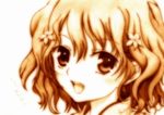  flower godees hair_flower hair_ornament hanasaku_iroha matsumae_ohana monochrome open_mouth portrait sepia short_hair sketch solo traditional_media 