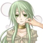  caam_serenity_of_gusto cheek_pinching duel_monster green_eyes green_hair long_hair looking_at_viewer pinching shintani_tsushiya simple_background white_background yuu-gi-ou 