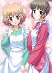  apron blush bow brown_eyes brown_hair flower hair_bow hair_bun hanasaku_iroha hinata_keiichi japanese_clothes kimono long_hair matsumae_ohana multiple_girls open_mouth oshimizu_nako short_hair smile wa_maid 