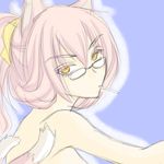  7s-heaven animal_ears arc_system_works bare_shoulders blazblue cat_ears cat_tail female glasses kokonoe long_hair lowres multiple_tails pink_hair ribbon solo tail yellow_eyes yellow_ribbon 