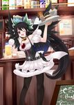  alcohol bad_id bad_pixiv_id beer black_hair black_legwear cape choker fallout highres long_hair makino_(ukiuo) one_eye_closed pantyhose parody pyonta red_eyes reiuji_utsuho solo standing third_eye touhou tray very_long_hair waitress wings 