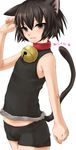  :3 absurdres animal_ears bell bell_collar black_hair brown_eyes bulge cat_ears cat_tail collar emu_(trigger) face hands highres kumatanchi male_focus neko-kun otoko_no_ko shorts sleeveless solo tail 