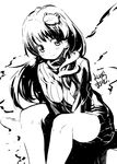  breasts cleavage frog greyscale kochiya_sanae long_hair medium_breasts monochrome shirt sitting skirt smile snake solo touhou v_arms yoshihara_maito 