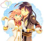  1girl black_hair estellise_sidos_heurassein gloves green_eyes grin hara_yui long_hair pink_hair short_hair smile tales_of_(series) tales_of_vesperia yuri_lowell 